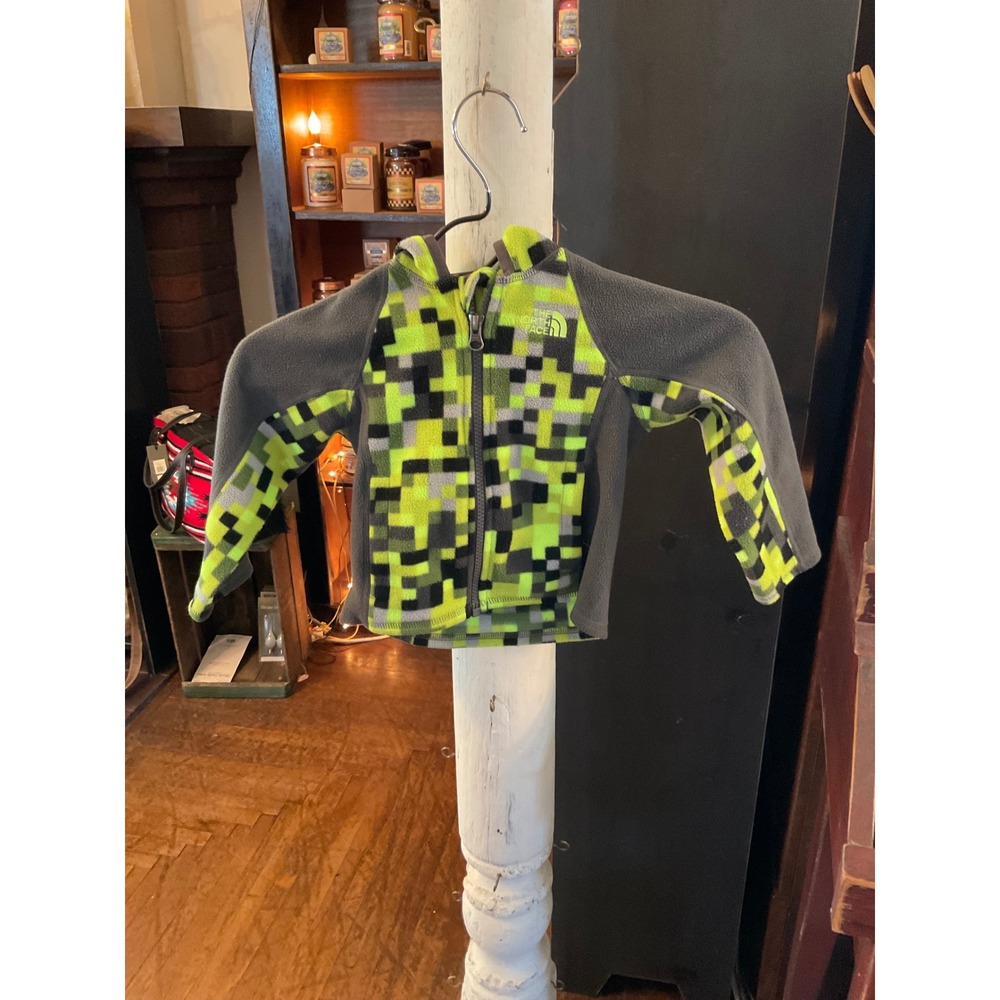 The North Face Toddler 2T/2B Fleece Full Zip‎ Hoodie Jacket Pixelated Green Gray
